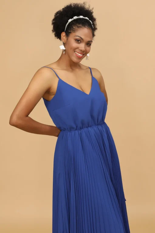 A Line Spaghetti Straps Royal Blue Tea Length Bridesmaid Dress