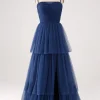 A Line Spaghetti Straps Tiered Tulle Pleated Prom Dress with Slit