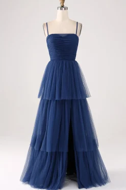 A Line Spaghetti Straps Tiered Tulle Pleated Prom Dress with Slit