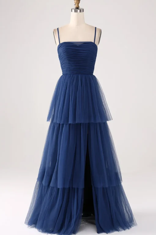 A Line Spaghetti Straps Tiered Tulle Pleated Prom Dress with Slit