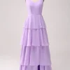A Line Spaghetti Straps Tiered Chiffon Lilac Bridesmaid Dress with Slit