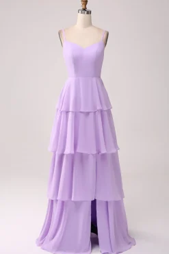 A Line Spaghetti Straps Tiered Chiffon Lilac Bridesmaid Dress with Slit