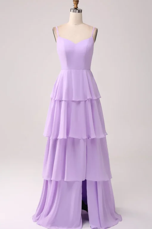 A Line Spaghetti Straps Tiered Chiffon Lilac Bridesmaid Dress with Slit