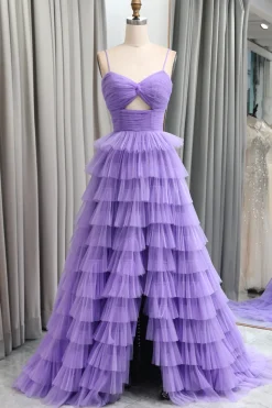 A Line Spaghetti Straps Tulle Long Tiered Prom Dress