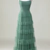 A Line Spaghetti Straps Tulle Eucalyptus Bridesmaid Dress