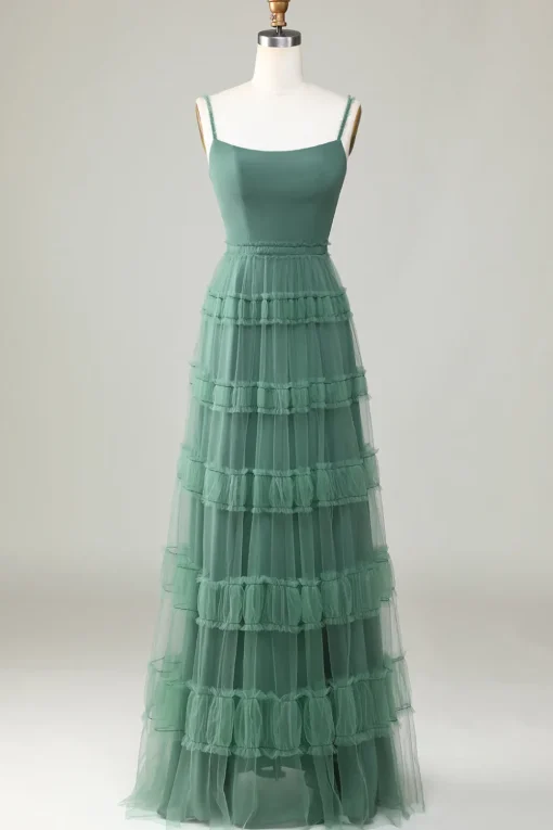 A Line Spaghetti Straps Tulle Eucalyptus Bridesmaid Dress