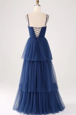 A Line Spaghetti Straps Tiered Tulle Pleated Prom Dress with Slit