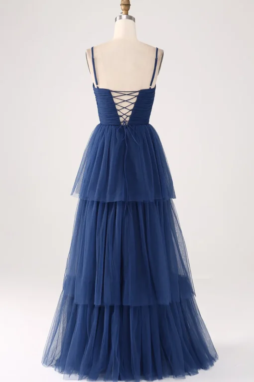 A Line Spaghetti Straps Tiered Tulle Pleated Prom Dress with Slit