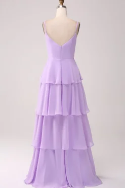 A Line Spaghetti Straps Tiered Chiffon Lilac Bridesmaid Dress with Slit