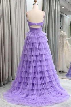 A Line Spaghetti Straps Tulle Long Tiered Prom Dress