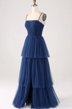 A Line Spaghetti Straps Tiered Tulle Pleated Prom Dress with Slit
