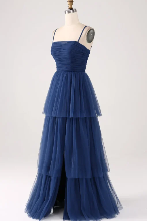 A Line Spaghetti Straps Tiered Tulle Pleated Prom Dress with Slit