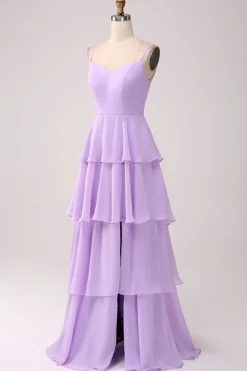 A Line Spaghetti Straps Tiered Chiffon Lilac Bridesmaid Dress with Slit