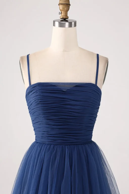 A Line Spaghetti Straps Tiered Tulle Pleated Prom Dress with Slit