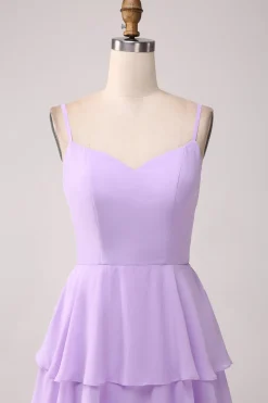 A Line Spaghetti Straps Tiered Chiffon Lilac Bridesmaid Dress with Slit