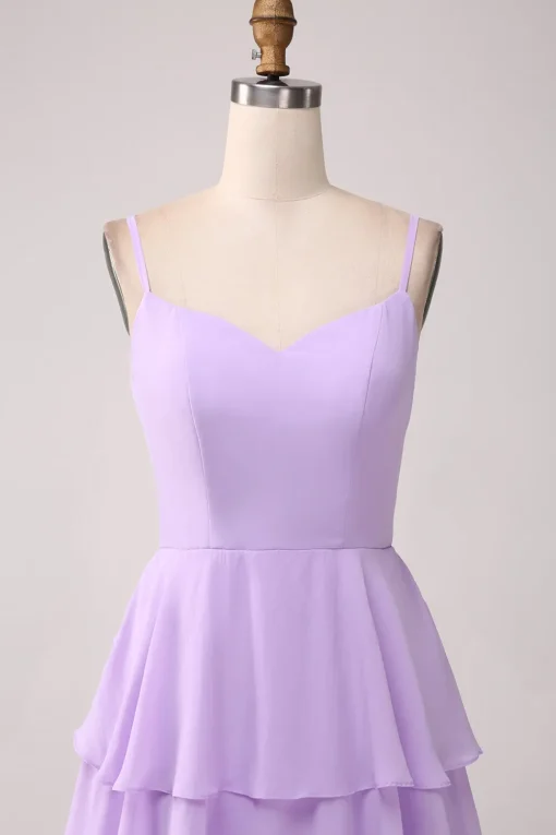 A Line Spaghetti Straps Tiered Chiffon Lilac Bridesmaid Dress with Slit