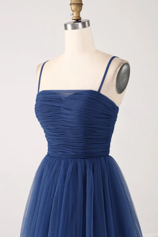 A Line Spaghetti Straps Tiered Tulle Pleated Prom Dress with Slit