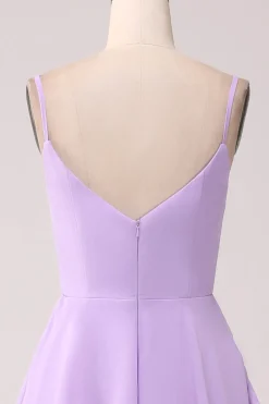 A Line Spaghetti Straps Tiered Chiffon Lilac Bridesmaid Dress with Slit