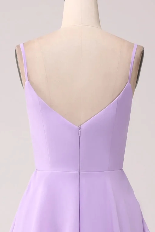A Line Spaghetti Straps Tiered Chiffon Lilac Bridesmaid Dress with Slit