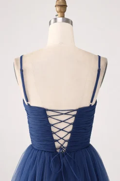 A Line Spaghetti Straps Tiered Tulle Pleated Prom Dress with Slit