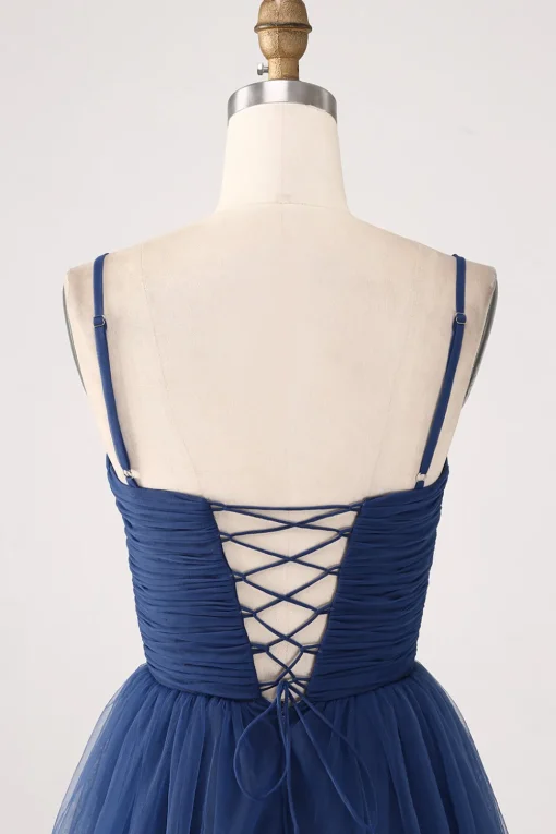 A Line Spaghetti Straps Tiered Tulle Pleated Prom Dress with Slit
