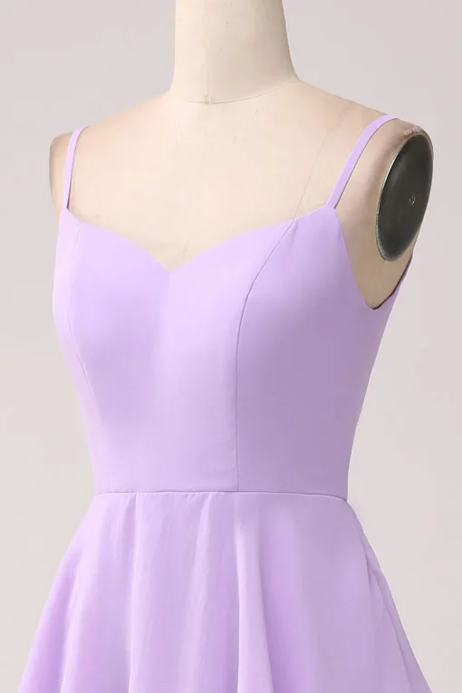A Line Spaghetti Straps Tiered Chiffon Lilac Bridesmaid Dress with Slit