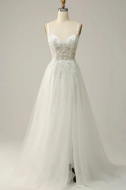 A Line Spaghetti Straps White Long Bridal Dress with Appliques