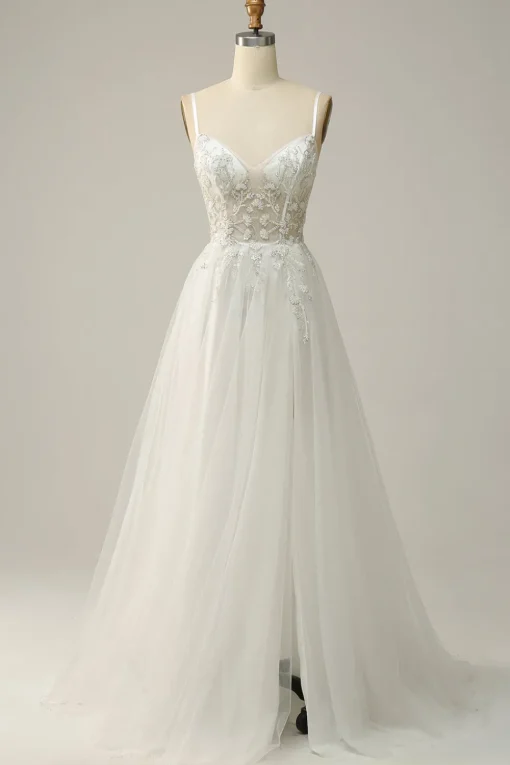A Line Spaghetti Straps White Long Bridal Dress with Appliques