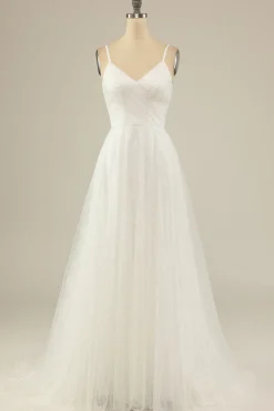 A Line Spaghetti Straps White Tulle Party Dress