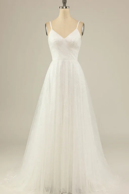 A Line Spaghetti Straps White Tulle Party Dress