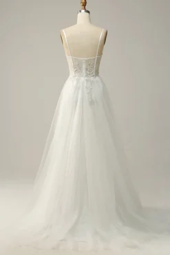 A Line Spaghetti Straps White Long Bridal Dress with Appliques