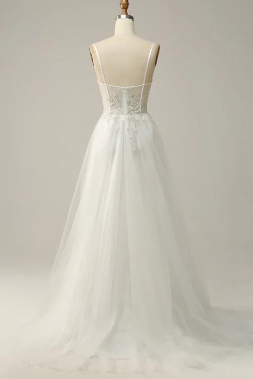 A Line Spaghetti Straps White Long Bridal Dress with Appliques