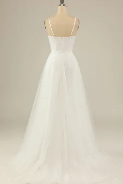 A Line Spaghetti Straps White Tulle Party Dress
