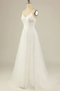 A Line Spaghetti Straps White Tulle Party Dress