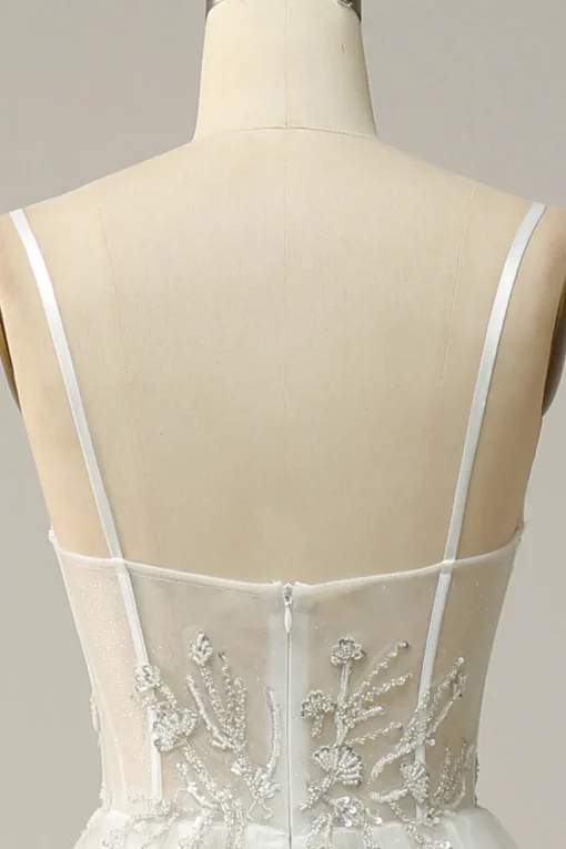 A Line Spaghetti Straps White Long Bridal Dress with Appliques
