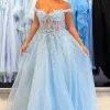 A Line Sparkly Sequins Corset Sky Blue Tulle Prom Dress