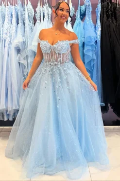 A Line Sparkly Sequins Corset Sky Blue Tulle Prom Dress