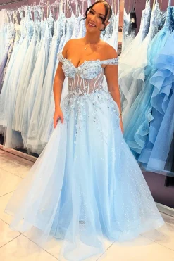 A Line Sparkly Sequins Corset Sky Blue Tulle Prom Dress