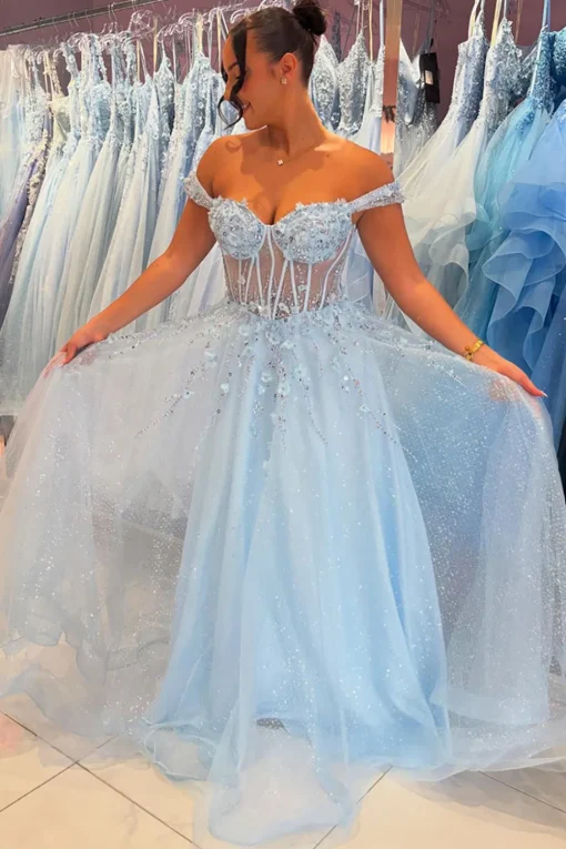 A Line Sparkly Sequins Corset Sky Blue Tulle Prom Dress