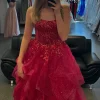 A Line Sparkly Sequins Fuchsia Spaghetti Straps Long Prom Dress