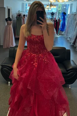 A Line Sparkly Sequins Fuchsia Spaghetti Straps Long Prom Dress