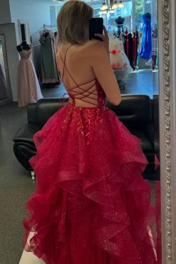 A Line Sparkly Sequins Fuchsia Spaghetti Straps Long Prom Dress