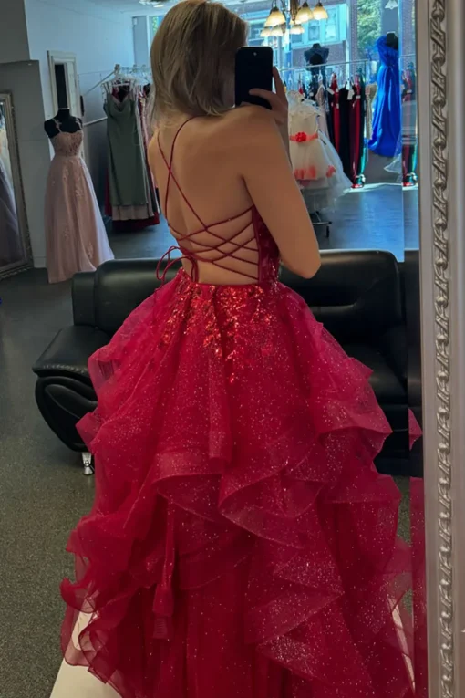 A Line Sparkly Sequins Fuchsia Spaghetti Straps Long Prom Dress