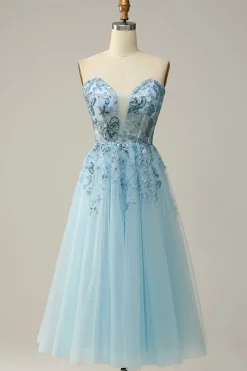A Line Strapless Beading Corset Prom Dress