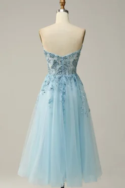 A Line Strapless Beading Corset Prom Dress