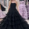 A Line Strapless Black Tiered Long Prom Dress