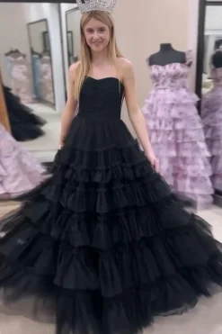 A Line Strapless Black Tiered Long Prom Dress