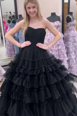 A Line Strapless Black Tiered Long Prom Dress