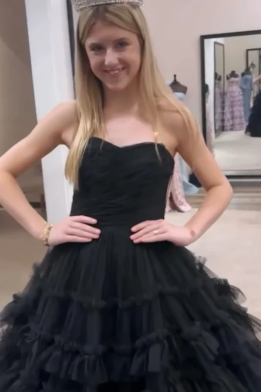 A Line Strapless Black Tiered Long Prom Dress