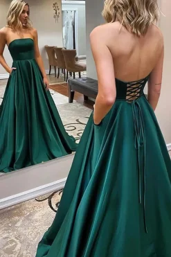 A Line Strapless Dark Green Long Prom Dress Criss Cross Back
